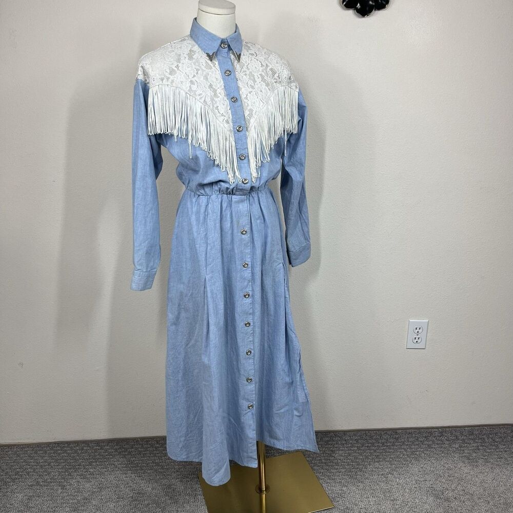 Vintage Lilia Smith Shirt Dress Womens 7/8 Blue Chambray Fringe Western 80s